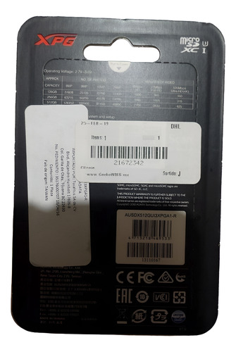 Tarjeta Micro Sd Adata Xpg 512gb Uhs-i Clase 10