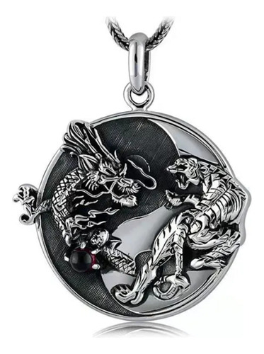 Collar Dije Acero Medallon 3cms Yin Y Yang Dragon Y Tigre 