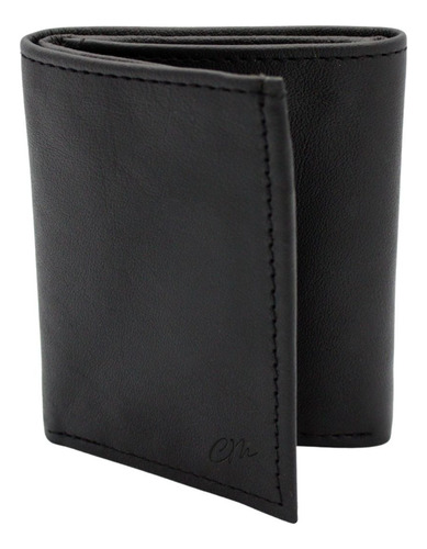 Cartera Hombre Piel Triple Compacta Tela Grabado Láser Negro