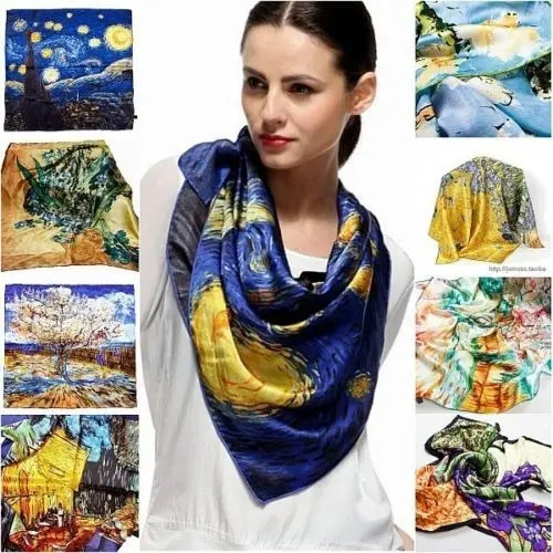 Foulard En Soie Van Gogh - Motif Terrasse De Café - Écharpe Bleue Neuve Avec étiquettes
