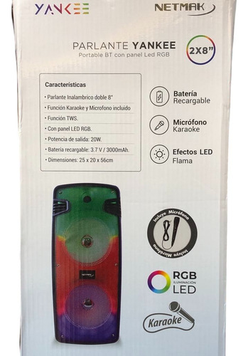 Parlante Karaoke Doble 8 C/mic Rgb Led Flama Netmak Yankee