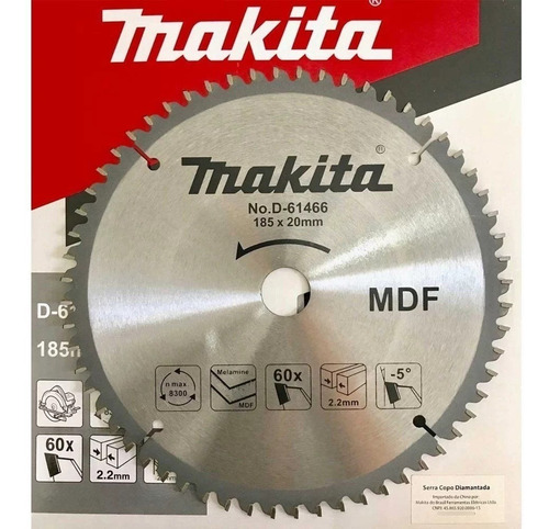 Imagen 3 de 7 de Disco Hoja Sierra Makita Mdf Melamina 185mm 20mm 60d D-61466