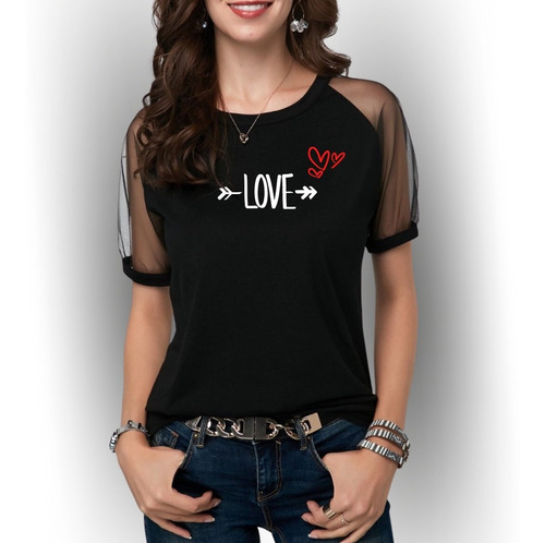 Blusa / Camiseta Dama Manga Transparente Diseño Love 