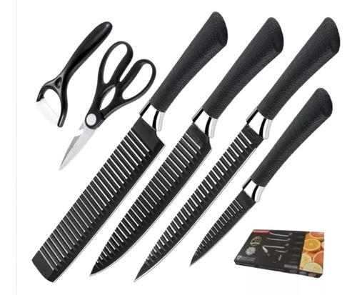 Set De Cuchillos Negro Con Pelador Y Tijeras Para Cocina (6)