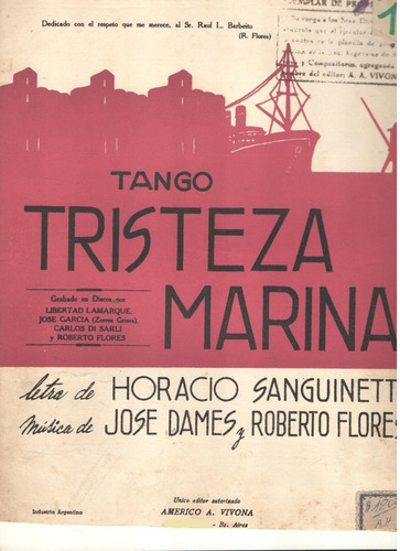 Partitura Del Tango Tristeza Marina De Horacio Sanguinetti