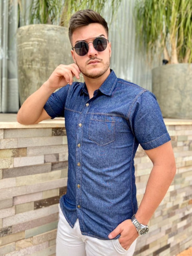 Imagem 4 de 9 de Camisa Jeans Premium Masculina Slim Manga Curta Promoção