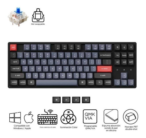 Imagen 2 de 10 de Teclado Mecanico Wireless Keychron K8 Pro Programable Custom Qmk Via Aluminio Rgb Qwerty Gateron Blue Switch Hotswappable Distribución Ansi Inglés Us Bluetooth Gamer Coder Pc Mac Tamaño Layout 80%