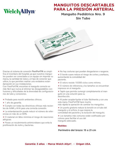 Imagen 5 de 10 de Manguito Pediátrico Nro. 9 Descartable Sin Tubo Welch Allyn