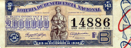 Billete Loteria Nacional Año 1938