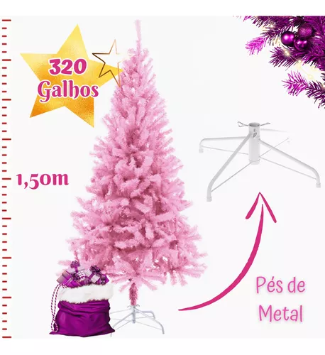 arvore de natal 150cm rosa com 320 galhos e pe de metal - RIO MASTER -  inova variedades