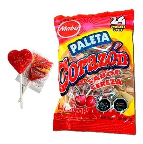 Paletas De Corazon Sabor Cerezas Mabu X24 Unidades