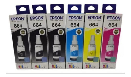 Kit 6 Refil Tinta Para Epson T664 3 Unidade Preto e 1 Unidade Amarelo Ciano e Magenta