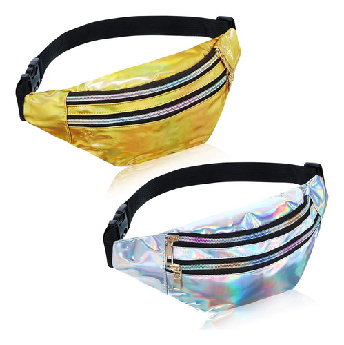 Cangurera Holográfica De Color Metálico, 2 Color Plateado Y Dorado Diseño De La Tela Metalico