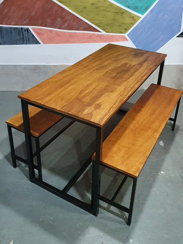 Imagen 4 de 9 de Mesa Industrial 130x60 Con 2 Bancos Largos Hierro Y Madera