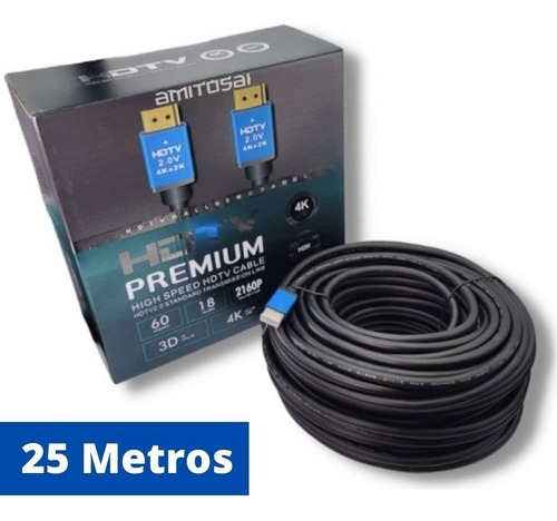 Cable Hdmi 25 Metros V2.0 Real 4k 60hz 3d Dorado Ethernet Premium Compatible Con Arc Y Hdr  MTS-HDMI4K2500 Amitosai