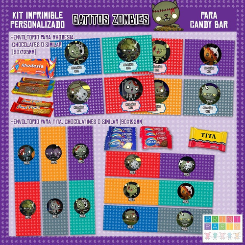 Gatitos Zombies Kit Imprimible Personalizado Con Candy Bar