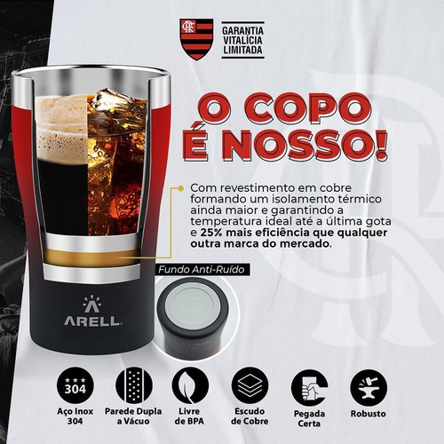 Imagem 2 de 7 de Copo Térmico Arell Com Tampa 500ml Oficial Do Flamengo Crf