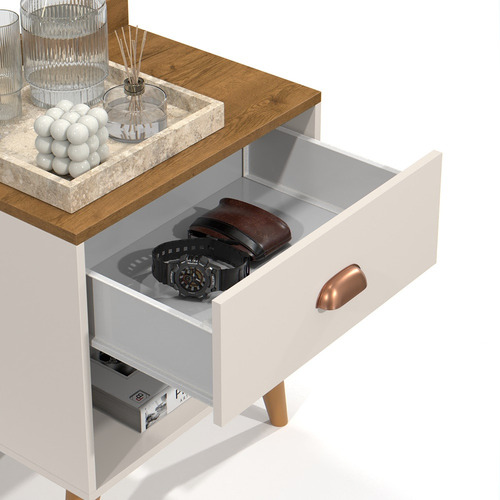 Mesa Criado 2 Bide Perola Conjunto Casal C/ Cabeceira Suede Brilhante Bege 1.40 / Off Freijo