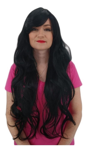  Peruca Lace Wig Ondulada Franjão Preto Fibra Japonesa 80 Cm