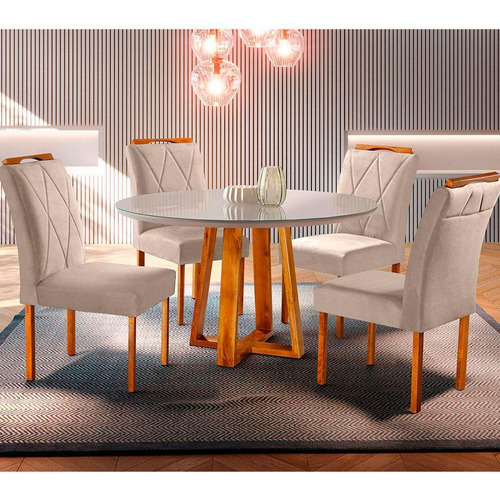 Conjunto Sala Jantar 4 Lugares Natalle Mesa 1,2m Bege Areia