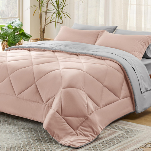Juego Edredon Y Ropa De Cama Individual Rosa Claro Y Gris