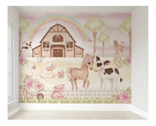 Papel De Parede Feminino Fazendinha Infantil Quarto Bebê 8m²