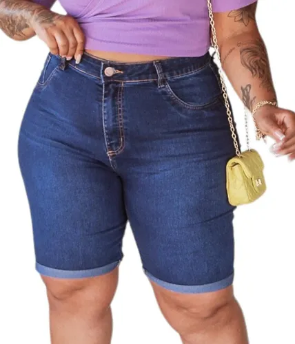Bermuda Jeans Ciclista Feminina Lycra Plus Size Cintura Alta