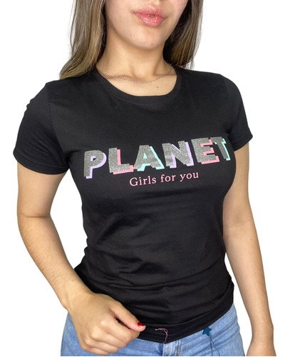 Blusa Preta Planet Girls Básica Logo Glitter Camiseta