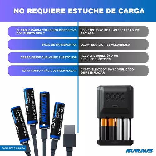 Pilas Recargables Triple A 2 Piezas y Cable Tipo C Nuwaus Nubat004