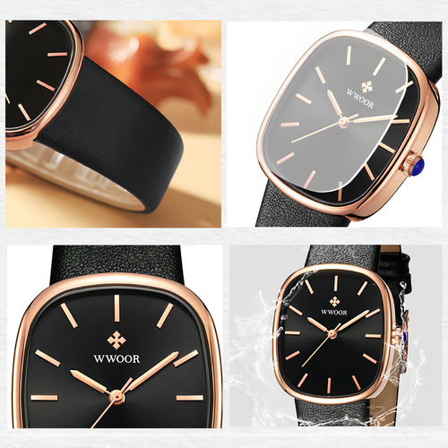 Relojes de cuarzo impermeables de cuero simple con correa de color Wooor, color negro