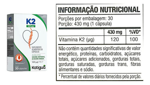 Vitamina K2, Mk-7, Menaquinona-7 30 Cápsulas Katigua