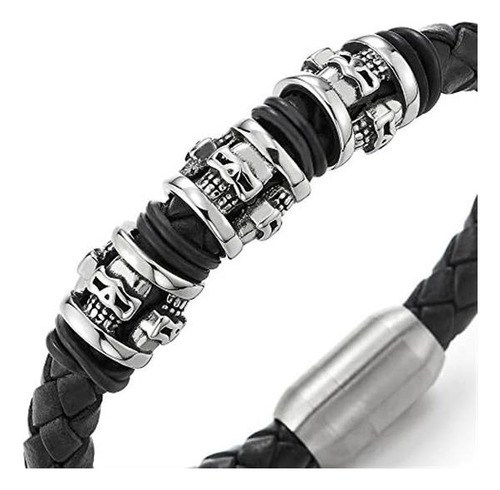 Coolsteelandbeyond Pulsera De Cuero Trenzado Negro Con Dijes