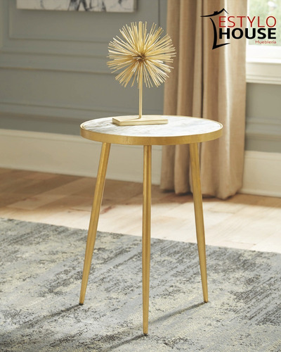 Imagen 5 de 7 de Mesa Auxiliar Minimalista Dorada, Tapa Sensación De Mármol