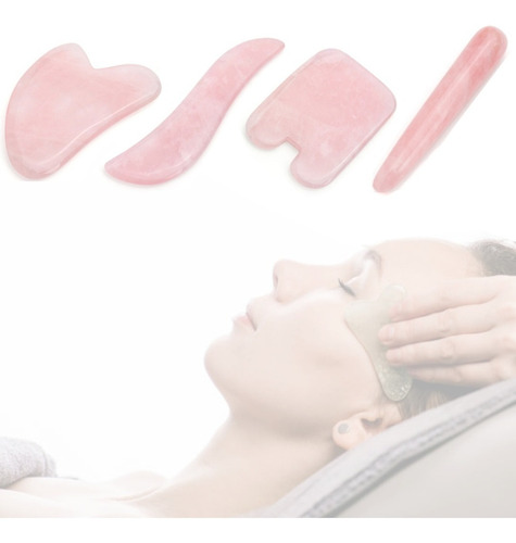 Kit 4 Placas Massageadoras Gua Sha Cristal Quartzo Rosa