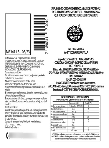 Whey 100% Pure 900 Grs Integralmédica Proteína Importada Frutilla