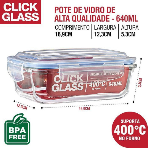Imagem 4 de 6 de Kit 4 Potes De Vidro Herméticos Alta Qualidade Click Glass