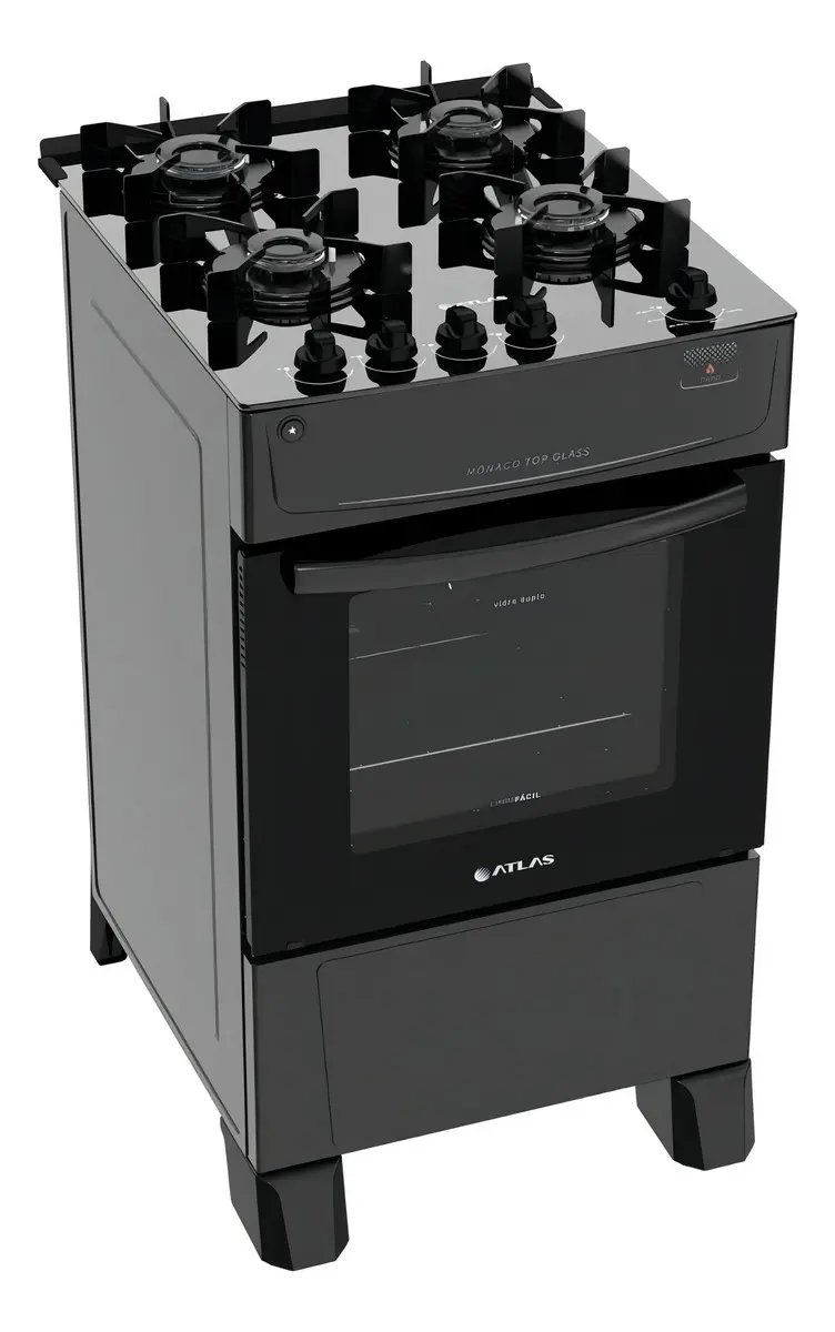 Fogão 4 Bocas Atlas Mônaco Top Glass com Mesa de Vidro e Acendimento Automático Preto Bivolt