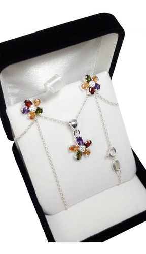 Conjunto Cadena De Plata 925 Dije Y Aros Flor Con Cubic