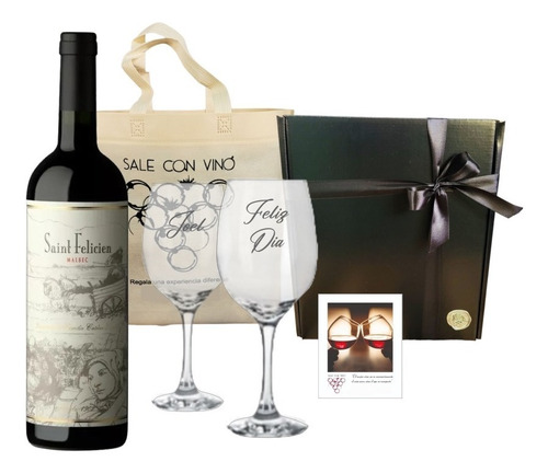 Box Vino Saint Felicien Malbec + 2 Copas Vidrio Grabadas 