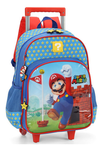 Mochila Rodinhas Super Mario Estrelas Azul Luxcel