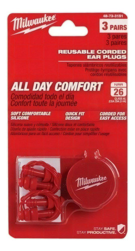 Paquete De 3 Tapones Para Oídos Milwaukee 48-73-3151 Color Rojo