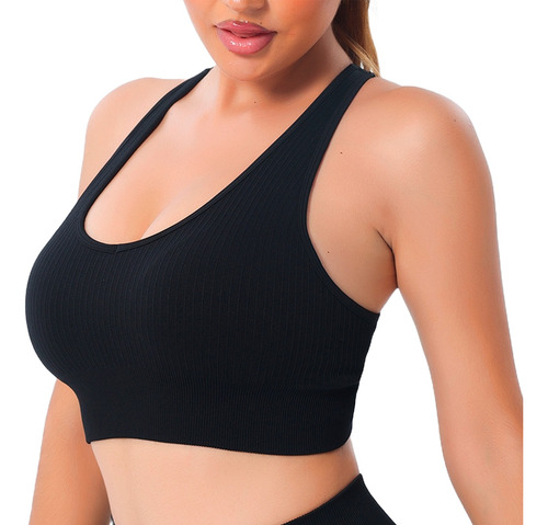 Ropa De Deporte Fitness Crop Top Deportivo Soporte En Escote Negro Rayas S/m