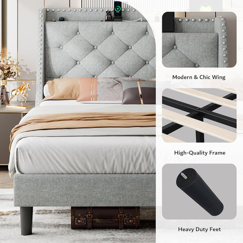 Base De Cama Ipormis King Size Con Puerto Usb Gris Claro