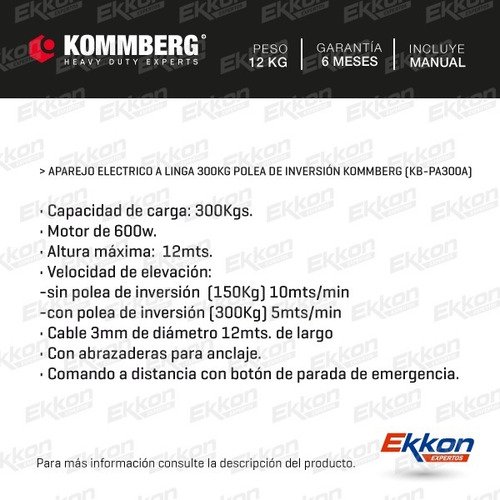 Imagen 2 de 7 de Aparejo Electrico Kommberg 300kg 12 Metros