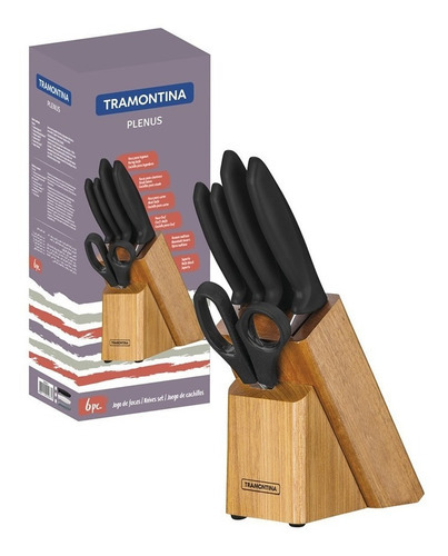Conjunto Tramontina de 4 facas de cozinha, taco e tesoura de madeira