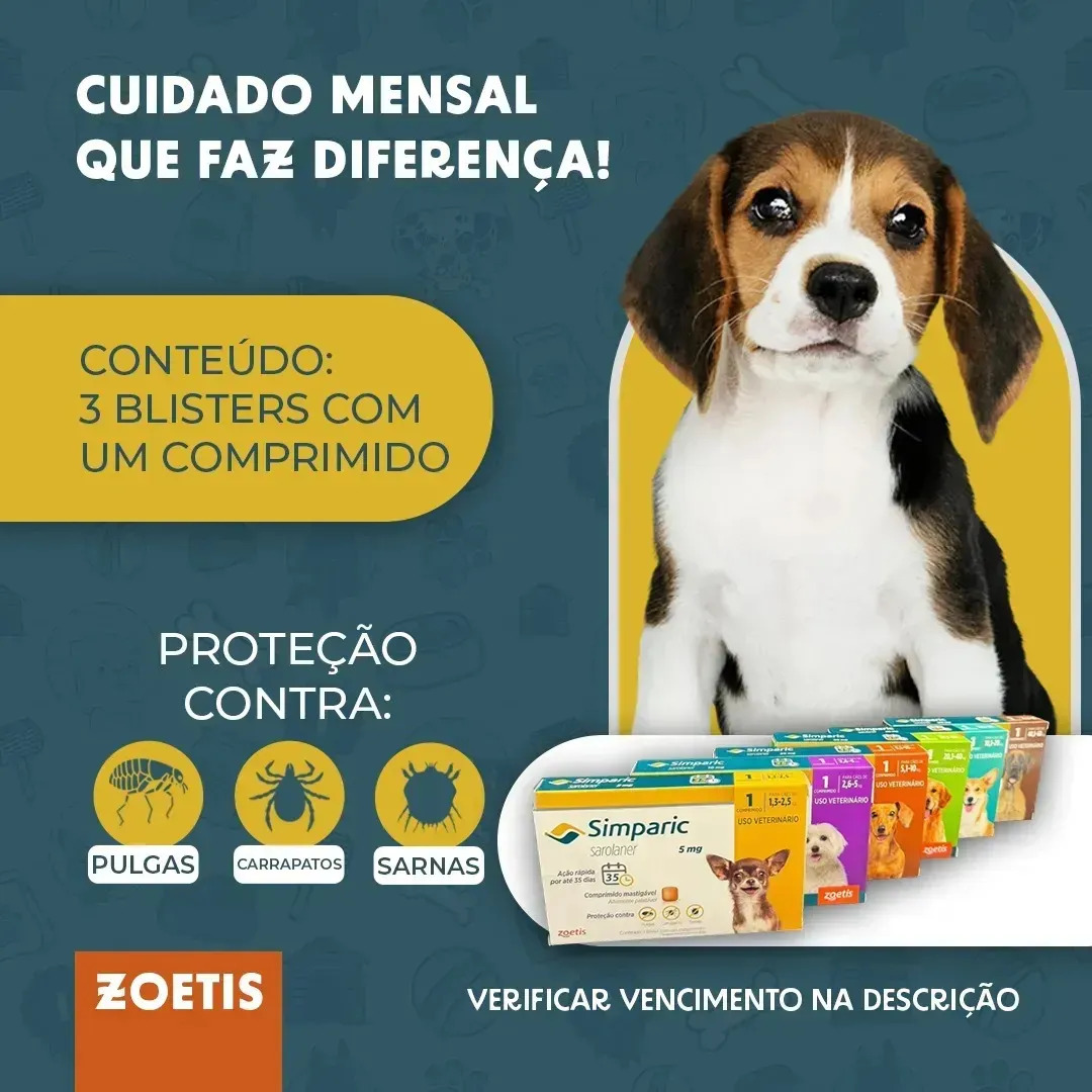 Simparic 10mg C/ 3 Comprimidos para Cães 2,6kg a 5kg Proteção Completa Antipulgas e Carrapatos