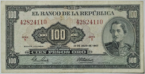 Billete 100 Pesos 20/jul/1967 Colombia Vf-xf