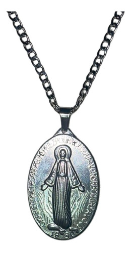 Collar Cadena Dije Medalla Virgen María 3cm Color Plata