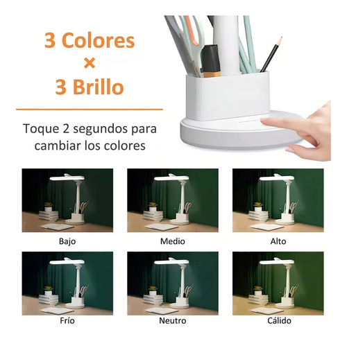 Fofodio Lámpara Blanca de Escritorio Brazo Giratoria 360° Recargable Luces Led y Soporte para Celular 3 Modos de Brillo para Estudiar Lectura Hogar y Trabajo