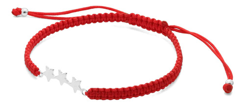 Pulsera De Plata 925 Macramé Roja Triple Estrella